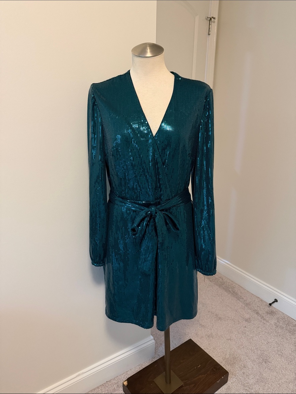 Nine West Teal Sequin Wrap Dress with Tie Waist
